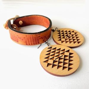 Laser etched Geo earrings & Leather bracelet set